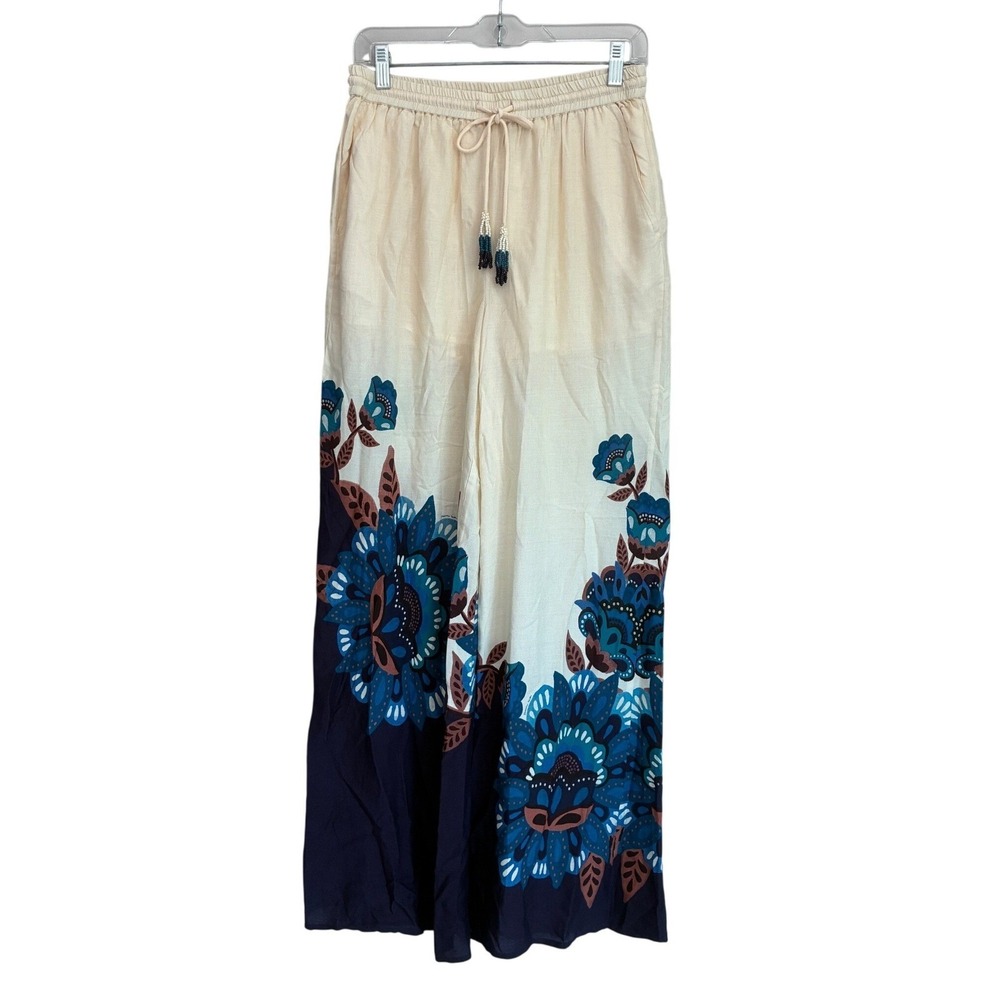 Farm Rio Anthropologie Floral Wide Leg Pants Cream Navy Blue Beaded Tassel Small - Picture 2 of 14